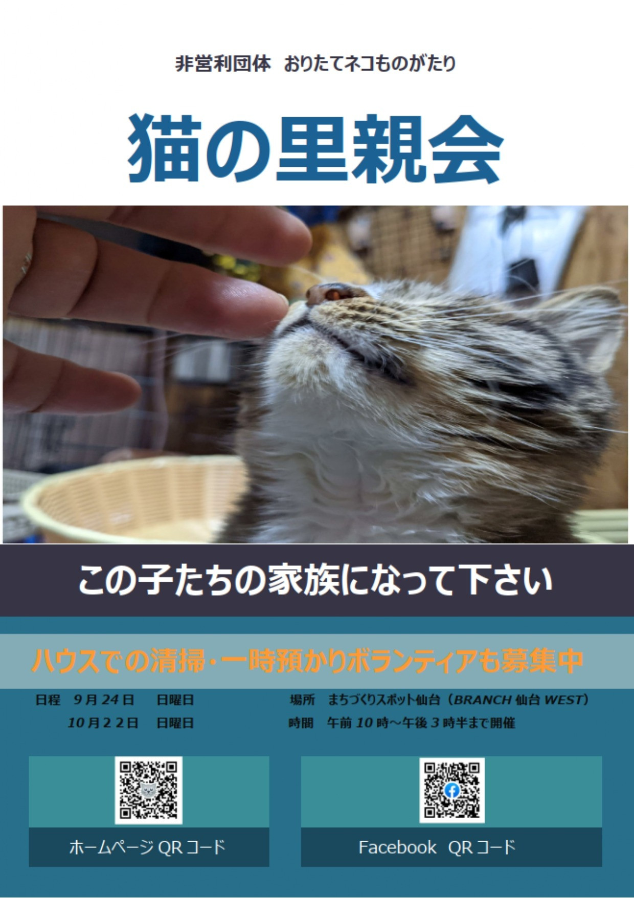 【交流スペースの情報】おりたてネコものがたり　猫の里親会9月・10月